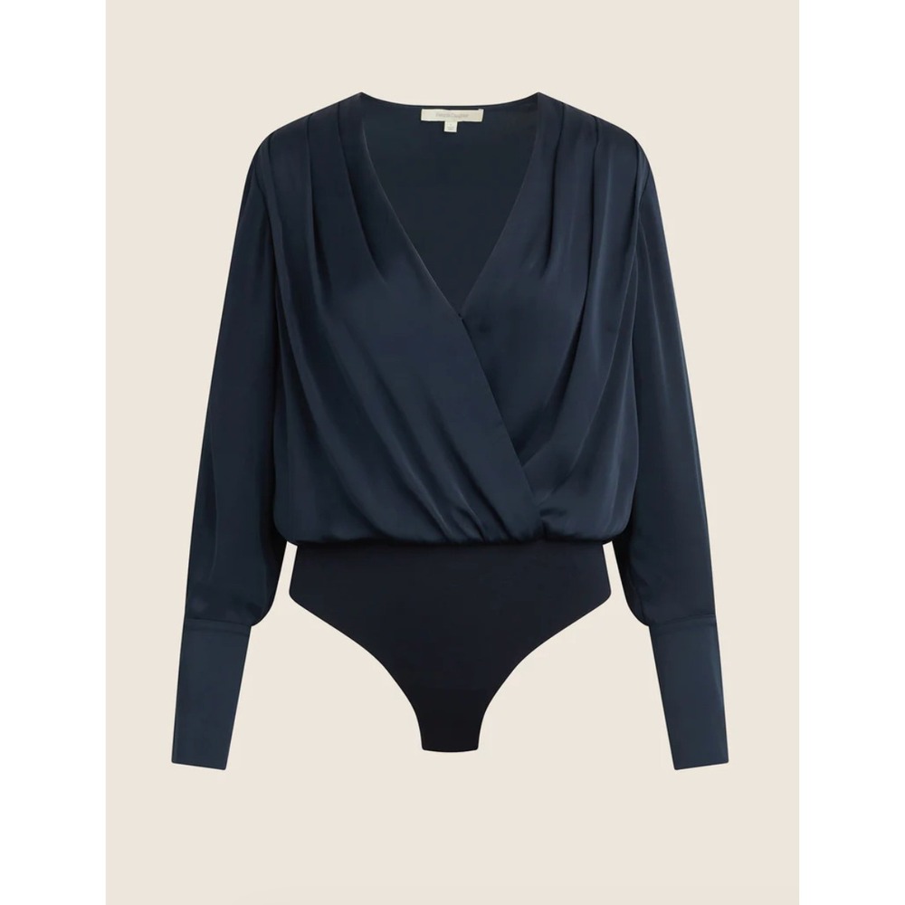 Favorite Daughter Womens‎ Date Blouse Satin Navy V-Neck Long Sleeve Bodysuit M